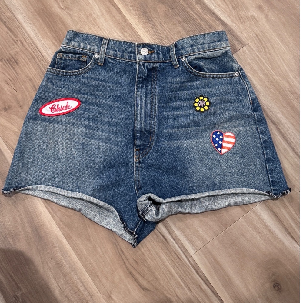 Revice denim Shorts 30 High Rise Patches American Flag Heart Flower Kiss‎ r2